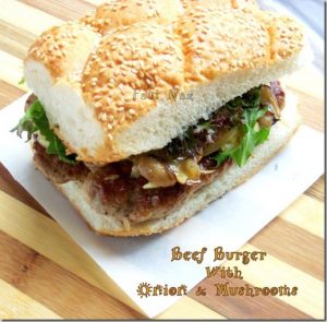 beef burger with onion and mushrooms